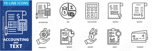 Accounting and tax icon collection set. Containing Accounting, Tax, Calculator, Invoice, Receipt, Financial, report, Budget, Audit, Payment
 icon. simple line vector.	