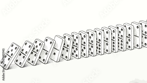 Pencil Sketch Illustration of a Starting Domino Effect, with the First Tilted Bone Triggering a Sequential Line of Standing Dominoes on a Plain Neutral Background