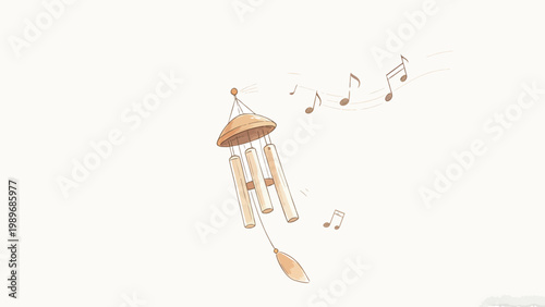 Soft Watercolor Illustration of a Hanging Wooden Wind Chime Emitting Melodic Musical Notes, Minimalist Light Off-White Background, Peaceful Calm Aesthetic