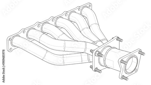 Wireframe illustration of an aftermarket automotive engine exhaust manifold