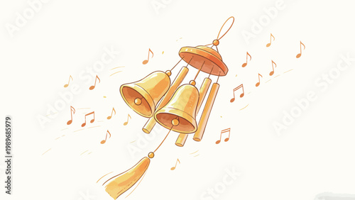 Watercolor Illustration of a Golden Wind Chime With Bells and a Tassel, Radiating Musical Notes on a Soft Plain Background, Warm Gentle Tonal Artwork