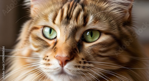 Title 1: Tabby Cat Close Up With Bright Green Eyes
Title 2: Striped Tabby Cat Portrait With Soft Fur
Title 3: Domestic Cat Looking at Camera in Warm Light