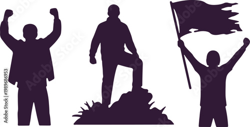 Silhouettes of triumphant people raising hands and holding flag on mountaintop symbol of success.