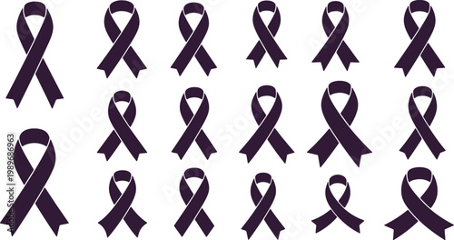 Collection of purple awareness ribbons symbolizing support for various causes like cancer and domestic violence.