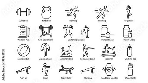 Modern fitness and gym workout outline icon sheet isolated on transparent background for health and wellness apps