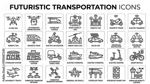 Collection of 20 futuristic transportation outline icons isolated on transparent background for smart city concepts