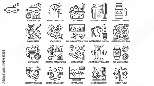 Set of 20 biohacking and health optimization outline icons isolated on transparent background for wellness apps