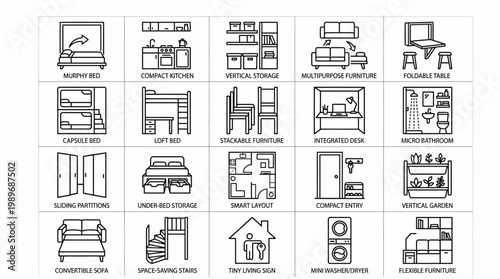 Tiny living and space saving furniture outline icon set isolated on transparent background for home design ideas