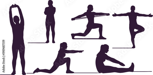 Silhouettes of people exercising doing yoga stretching and fitness workout on transparent background.