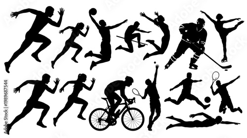 Set of diverse male and female sport athlete silhouettes in various actions including running, basketball, ice hockey, cycling, and swimming on isolated white background.