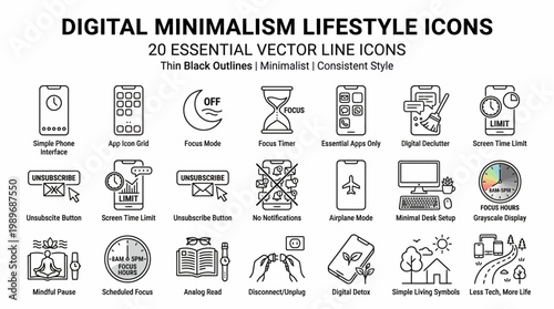 Digital minimalism and lifestyle icons isolated on transparent background, outline style for technology detox design