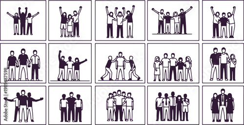 Groups of people standing together celebrating showing unity and friendship on transparent background.