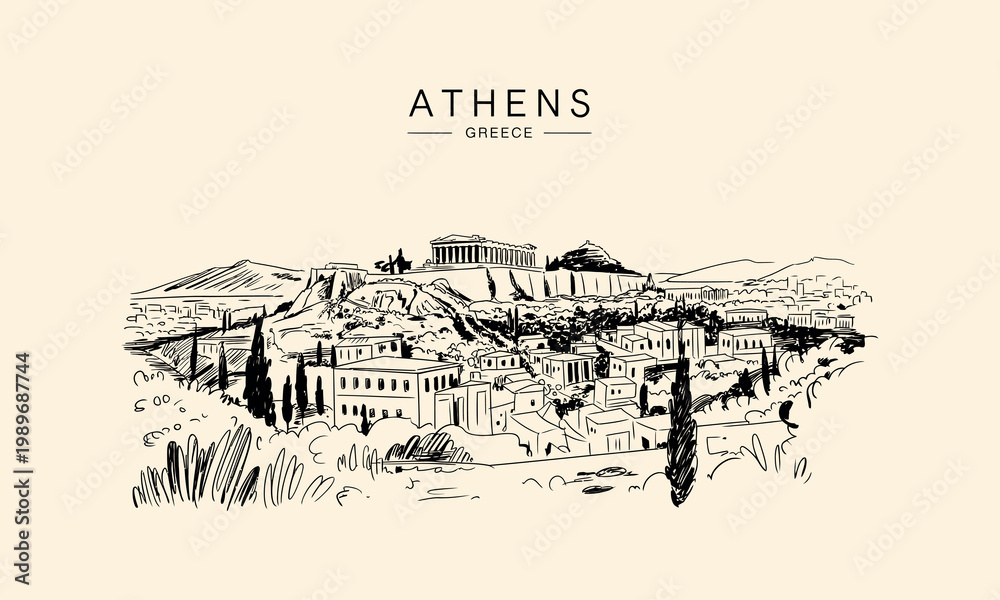 Naklejka premium Athens Greece Acropolis and Cityscape Sketch Drawing Parthenon