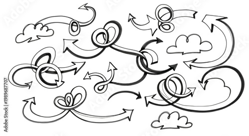 Complex arrangement of hand-drawn arrows and cloud doodles representing complicated ideas and directions on an isolated white background.