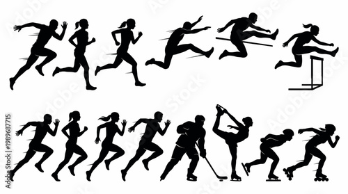 Collection of athlete silhouettes showcasing running, hurdling, ice hockey, figure skating, and roller skating on an isolated white background.