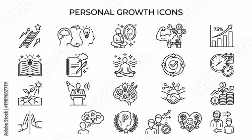 Personal growth and self development outline icon set for success and mindset, isolated on transparent background.