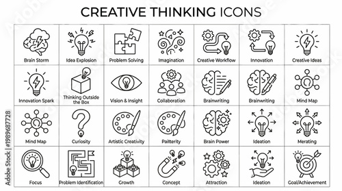 Creative thinking and innovation outline icon set for brainstorming and problem solving, isolated on transparent.