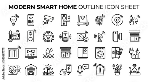 Modern smart home outline icon collection for home automation and internet of things, isolated on transparent.