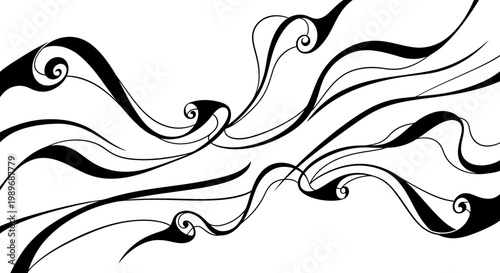 Abstract black flowing lines and organic wave patterns creating a decorative art background on an isolated white background.