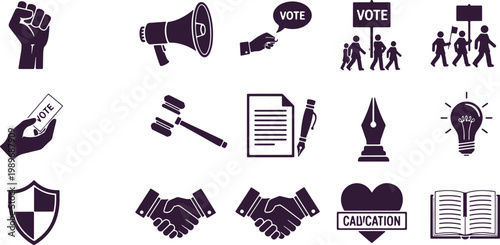 Variety of dark purple legal and political icons on transparent background.
