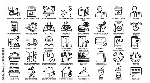 Set of food delivery outline icons for mobile apps and web design, isolated on transparent background vector file