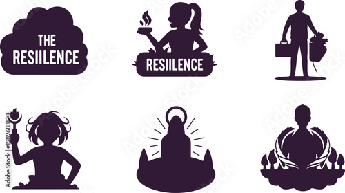 Resilience symbols including cloud banner and figures overcoming challenges positive outlook strength inner power.