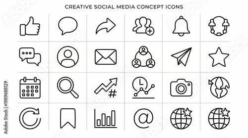 Creative social media concept icon sheet with 20 unique linear communication symbols, isolated on transparent background.