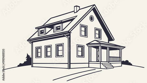 Traditional american house with porch, line art