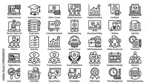 Online education outline icon sheet with 30 unique learning and academic symbols, isolated on transparent background.
