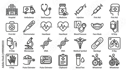 Healthcare and medical icon set, depicting hospitals, ambulances, medical tools, and health symbols, isolated on transparent background.