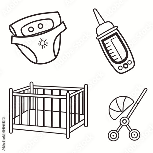 Baby diaper thermometer crib and stroller icons