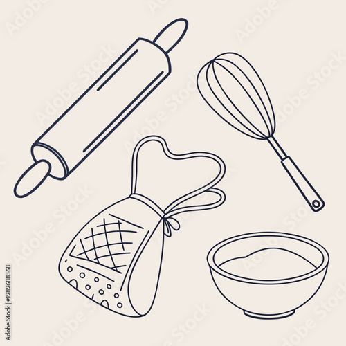 Baking tools and kitchen utensils set with flour