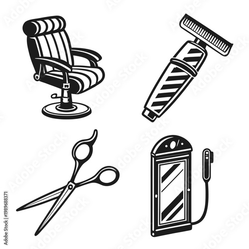 Barber salon tools set: chair razor scissors