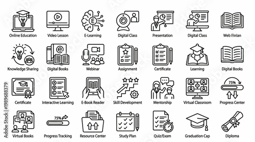 Online education and e-learning icon set, representing digital classes, webinars, and learning resources, isolated on transparent background.