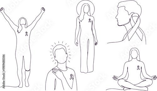 Line art figures with purple ribbons symbolizing strength and resilience in face of adversity and health challenges.
