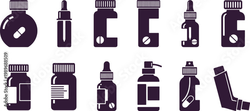 Pharmaceutical bottles and containers with pills and inhalers representing medication and treatment options.