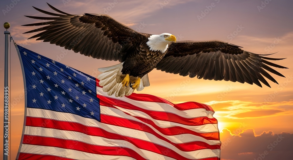 Naklejka premium Memorial day tribute majestic bald eagle soaring before the american flag
