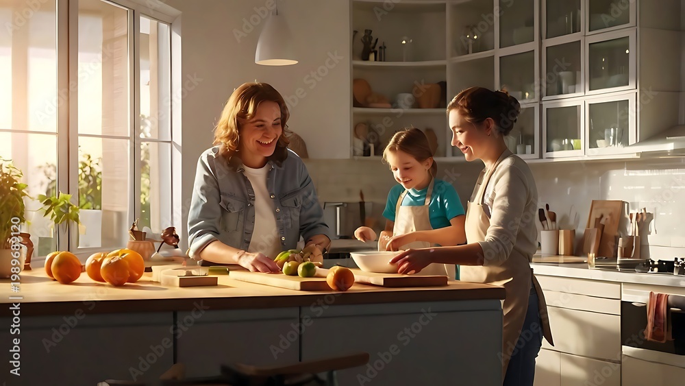Fototapeta premium Family Cooking Together in Kitchen Showcasing Teamwork and Happiness with Bright Interior Lighting
