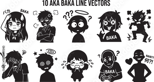 Anime Character Expression Vector Set Featuring Funny Baka Silhouettes Manga Style Emotional Reactions Angry Crying Confused And Shocked Faces Collection.