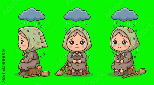 Sad Cartoon Girl Under Rain with Cloud Sitting on Stump Green Screen.