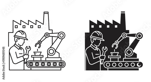 Industrial factory worker and robotic arm silhouette set outline and solid styles, white background