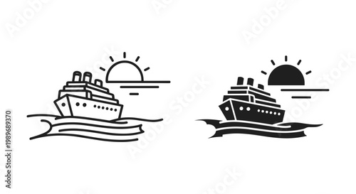 Cruise ship silhouette set outline and solid styles, sunset ocean white background