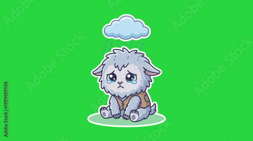 Sad Cartoon Lamb with Cloud Above its Head on Green Background.