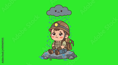 Sad Cartoon Miner Sitting Under a Rain Cloud with a Depressed Expression.