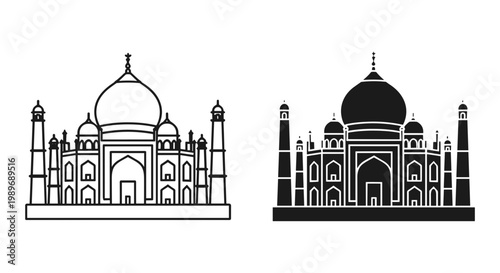 Taj Mahal silhouette set outline and solid styles, white background isolated