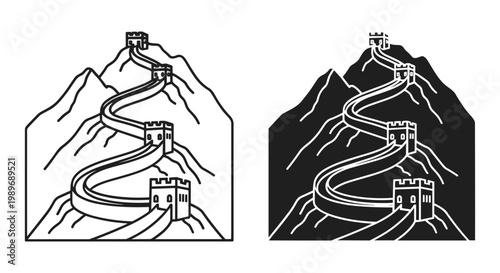 Great Wall of China silhouette set outline and solid styles, white background