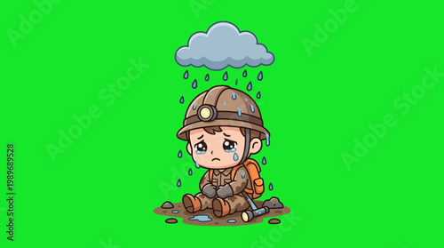 Sad Cartoon Miner Sitting Under a Rain Cloud with Tears.