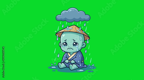 Sad Cartoon Monk Under Rain with a Cloud and Tears on Green Background.