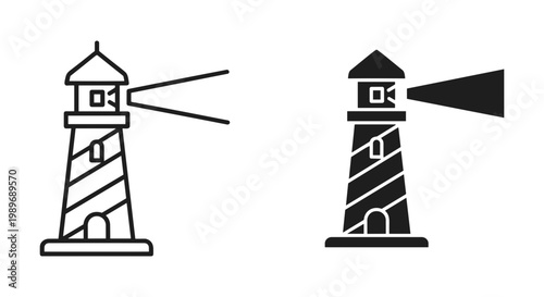 Lighthouse silhouette set outline and solid styles, black and white icon pack, white background