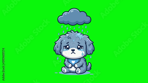 Sad Cartoon Puppy Sitting Under a Rain Cloud with Tears.